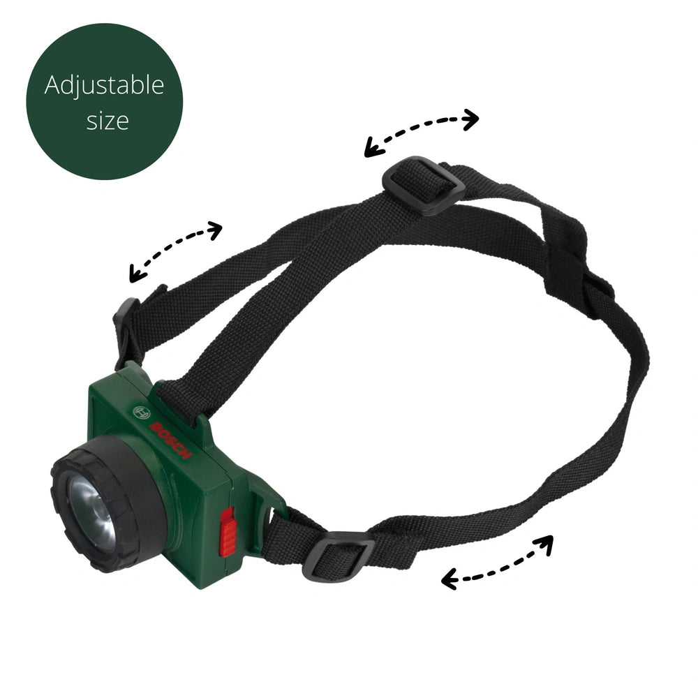 Theo Klein Bosch head lamp features a green housing, black strap and lens cover, with adjustable size text and red button.