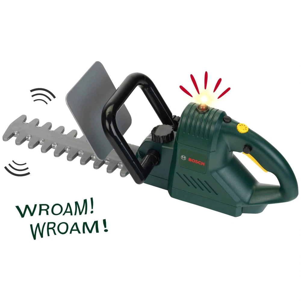 Theo Klein Bosch hedge trimmer features a green plastic body, silver metal blade, black handle, and "WROAM!" text.