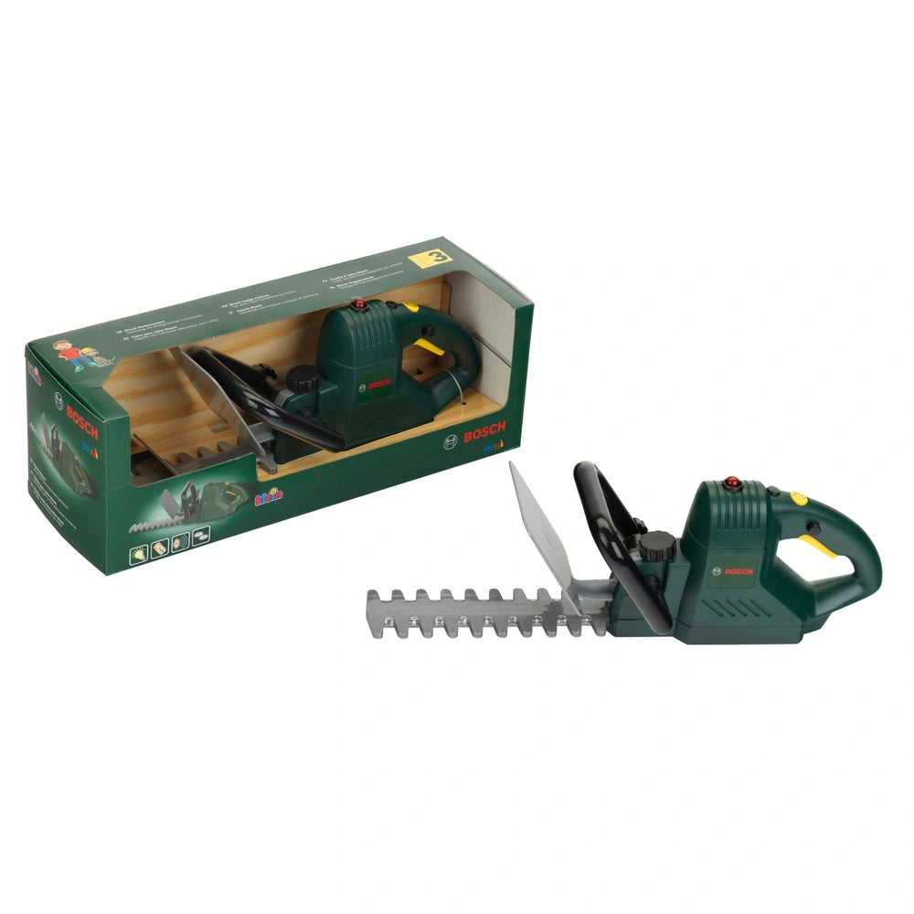 Theo Klein Bosch hedge trimmer in green plastic with a black handle, silver blade, and yellow button, displayed in a glossy c