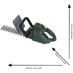 Theo Klein Bosch hedge trimmer features a green body, silver blade, black handle, yellow button, and red label.