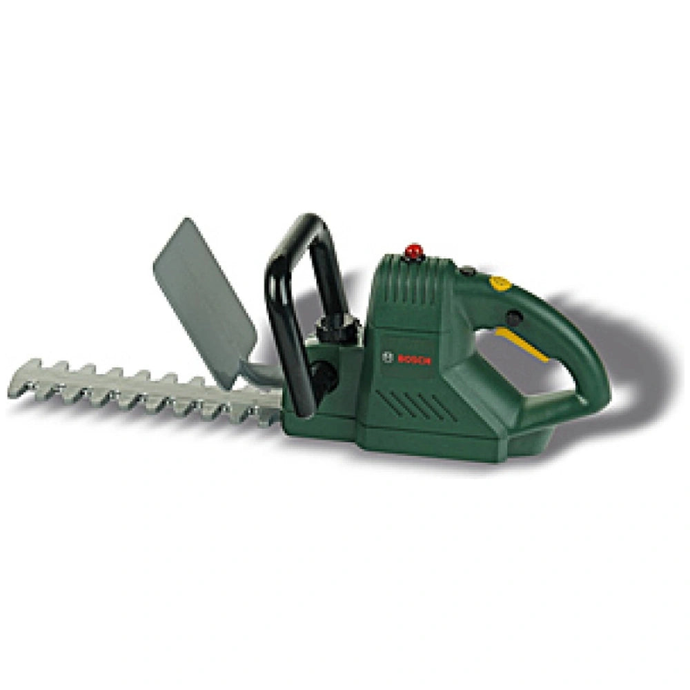 Theo Klein Bosch hedge trimmer in green plastic with black handle, trigger switch, red button, and yellow stripe for pretend 