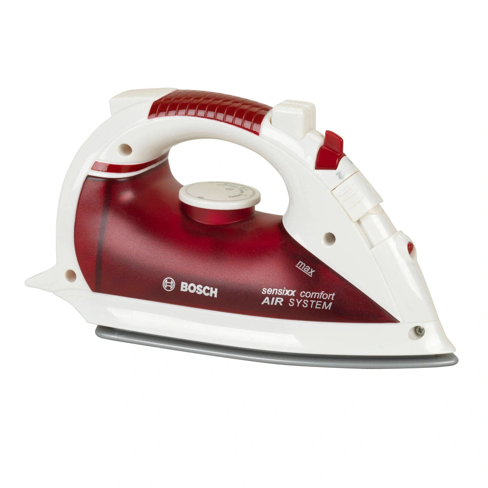 Theo Klein Bosch iron in red and white with "BOSCCH" and "SENSBOX COMFORT AIR SYSTEM" printed on the soleplate.