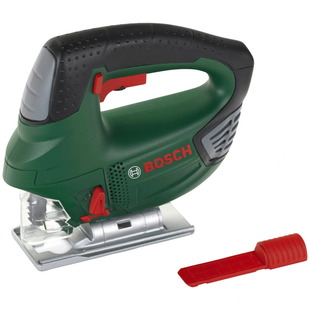 Theo Klein Bosch jigsaw toy with green plastic casing, red handle, silver base, and clear window for pretend play.
