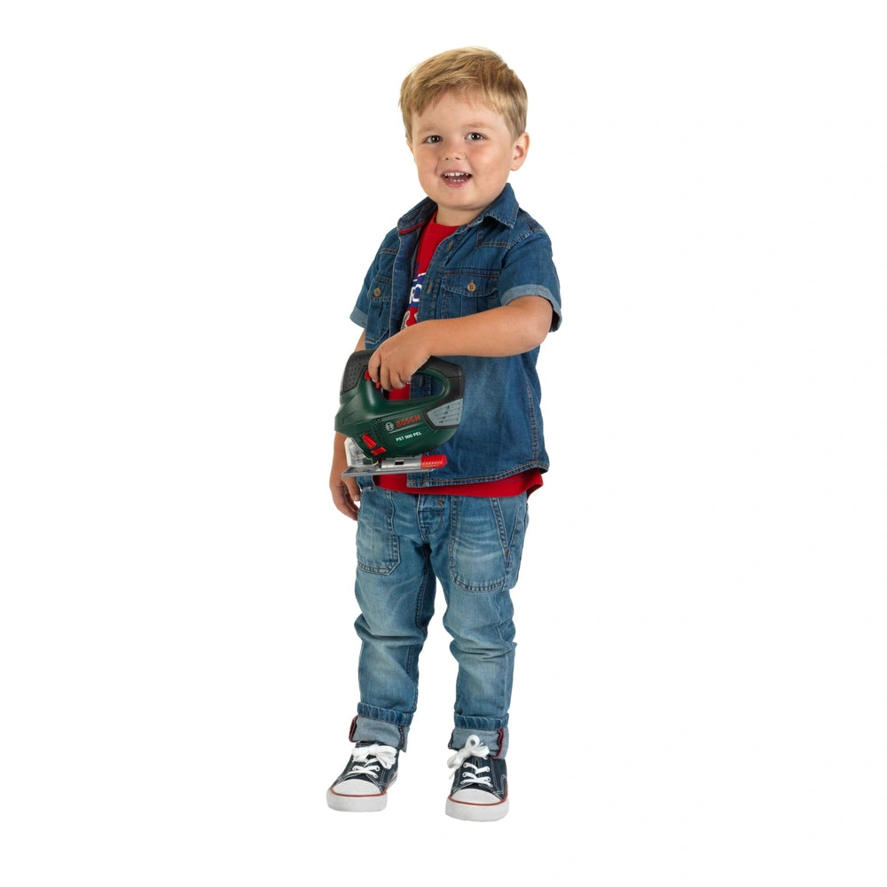 Theo Klein Bosch jigsaw toy with a young boy in a denim jacket and red shirt, smiling in a playful role-playing scene.