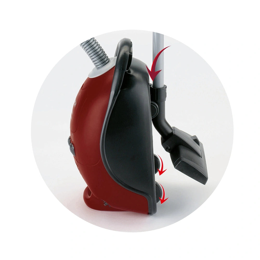 Theo Klein Bosch red and black toy vacuum cleaner with handle, buttons, and trigger, designed for pretend play.