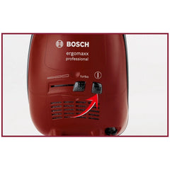 Theo Klein Bosch red vacuum cleaner with glossy finish, black buttons, and visible text including "BOSCH" and "turbo".