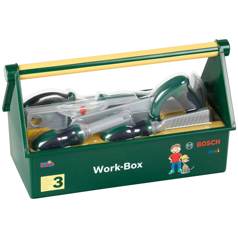 Theo Klein Bosch Work Box features a green cardboard exterior, yellow handle, and visible plastic components inside.