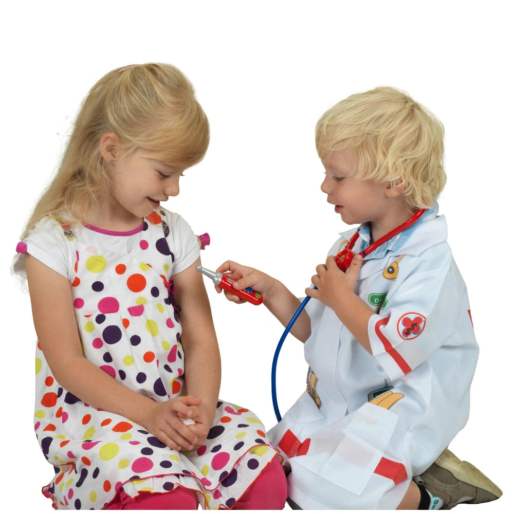 Theo Klein Doctor Case features two children in playful doctor roles, one in a polka dot dress and stethoscope.