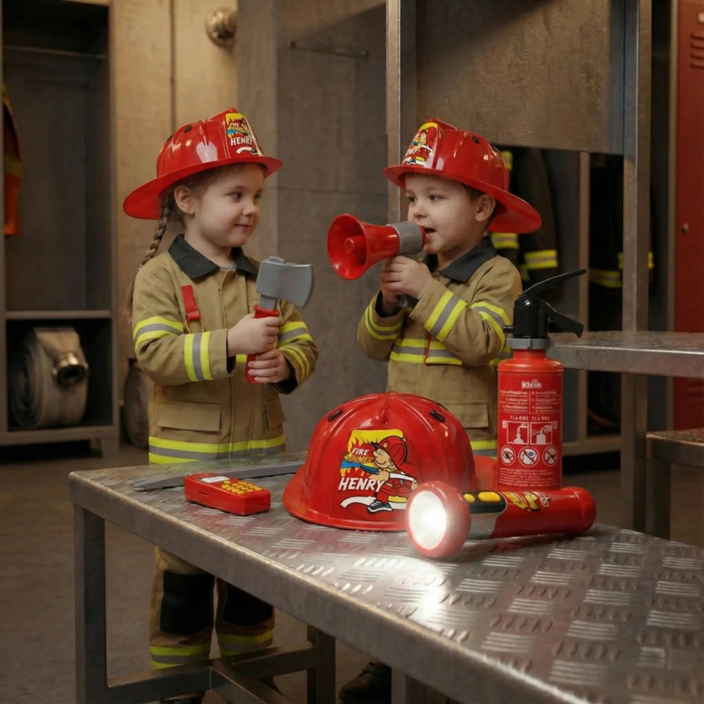 Theo Klein firefighter set with two children in yellow and red costumes, red helmet, hat, and a red fire extinguisher on meta