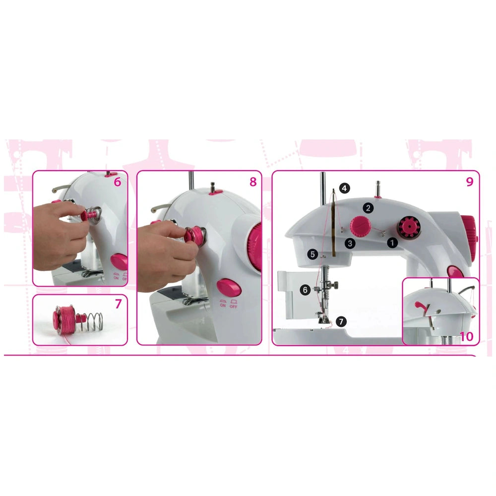 Theo Klein kids sewing machine in white with pink accents, featuring red and black buttons, smooth matte finish.