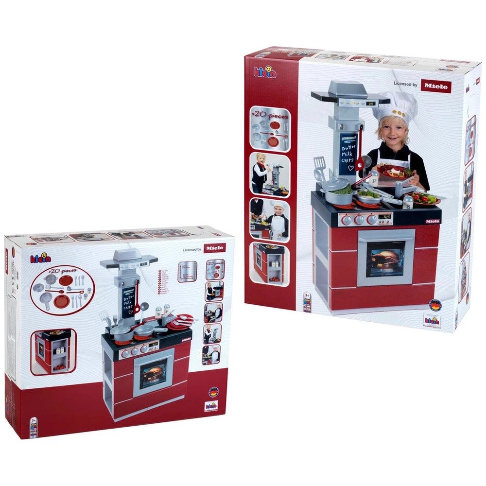Theo Klein Miele kitchen compact playset in glossy cardboard packaging with red and white design, featuring a transparent win