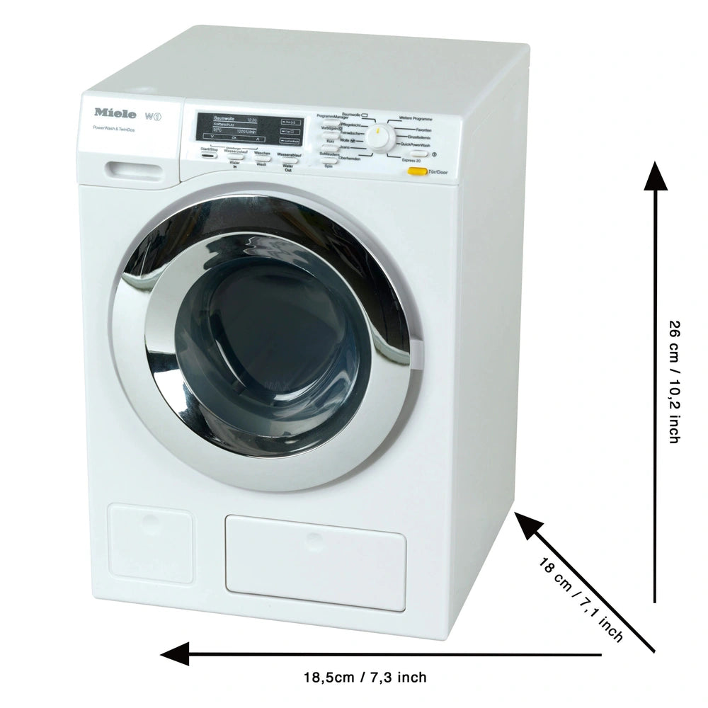 Theo Klein Miele washing machine in glossy white plastic with a transparent glass door and black control panel featuring butt