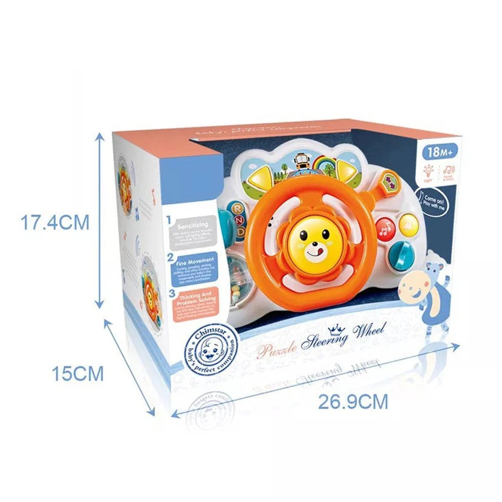 Broom Broom Interactive Driving Wheel toy in a colorful box with a transparent window, designed for children aged 18 months a