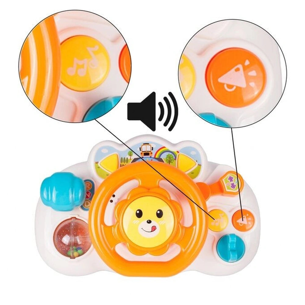 Toy steering wheel featuring a central smiling dial and colorful buttons with various symbols for interactive play.