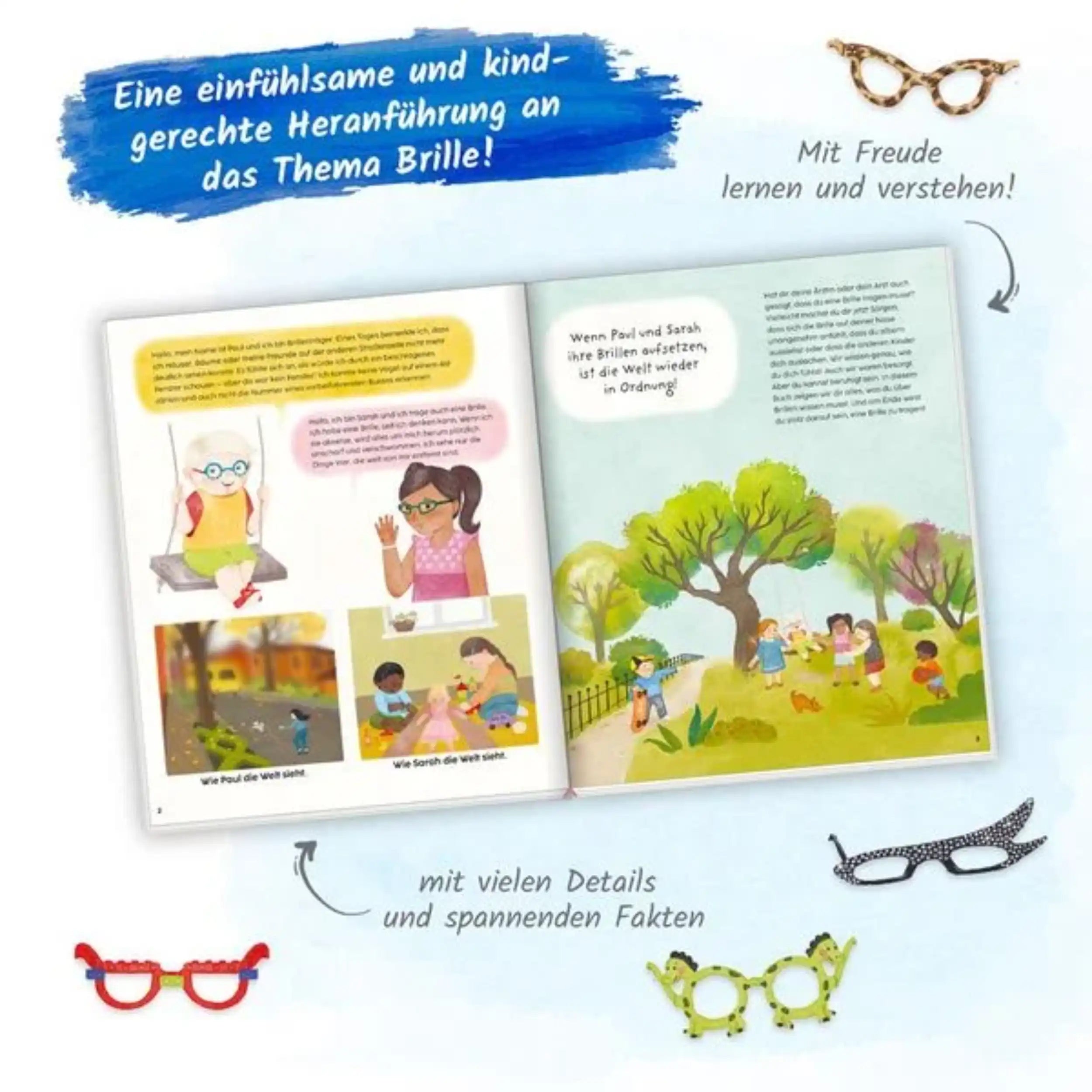 TROTSCH - Hurra I Wear Glasses book features colorful illustrations and German text, surrounded by playful learning items.
