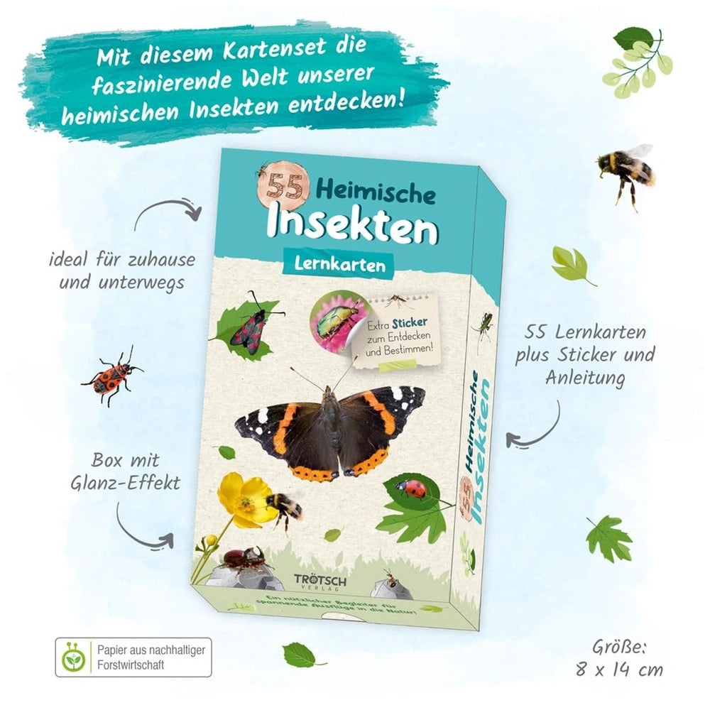 TROTSCH - 55 Learning Cards features colorful native insect stickers on a white box with educational German text and nature s