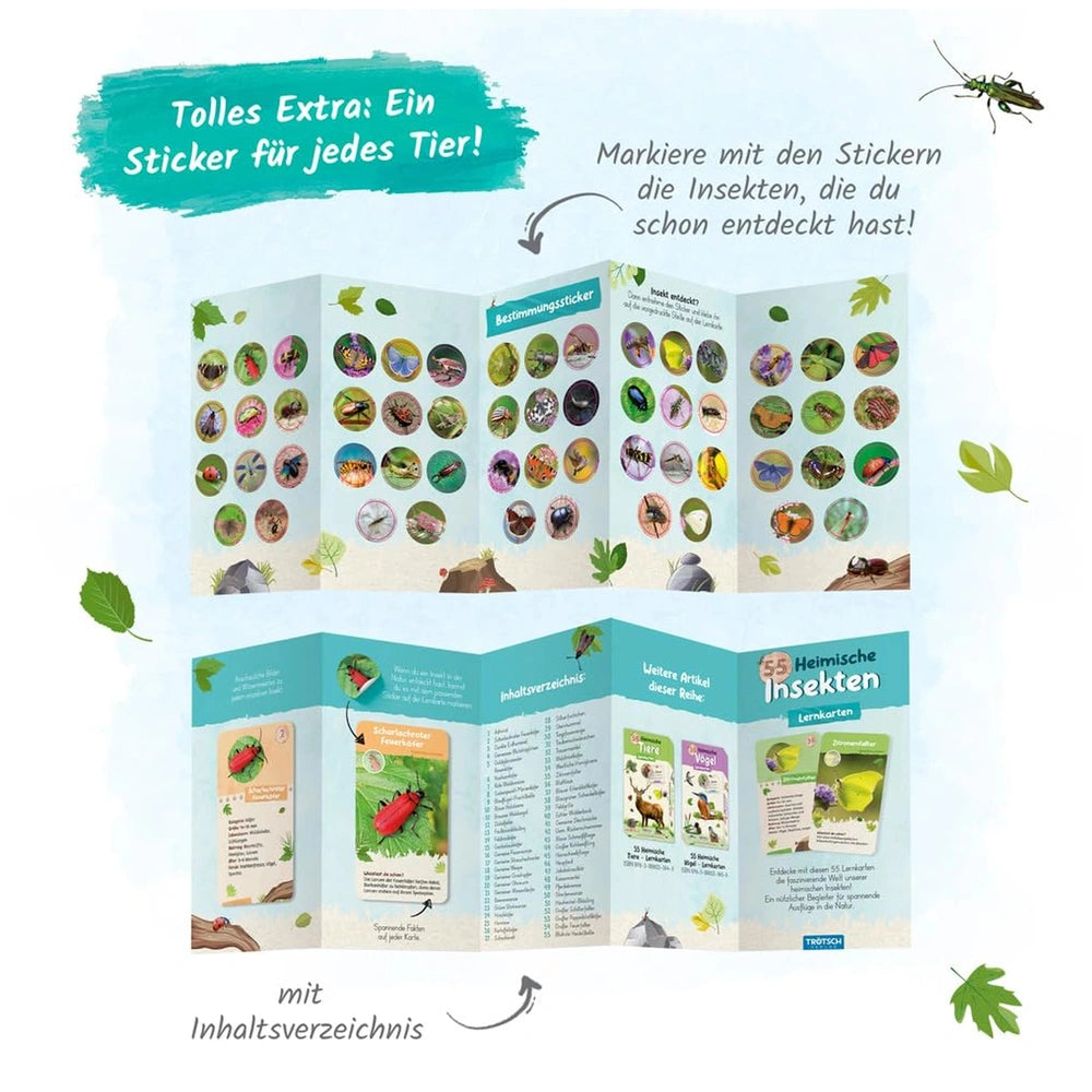 TROTSCH 55 Learning Cards showcase a pop-up booklet with colorful insect stickers against a light blue background.