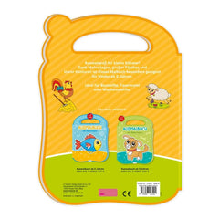 Cute children's toothbrush featuring a cartoon fish and sheep, displayed in colorful packaging with German text.