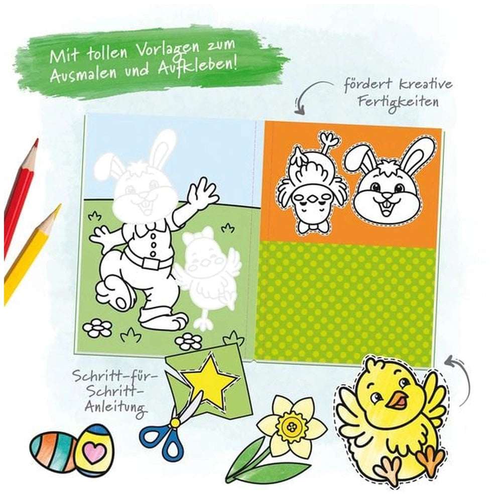 TROTSCH Easter Crafts Activity Book features a vibrant illustration of a bunny, colorful eggs, and flowers on a white backgro