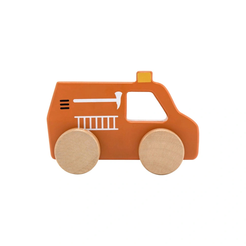 TRYCO Wooden Game Fire Brigade toy truck in orange and yellow, featuring plastic wheels and white windows.