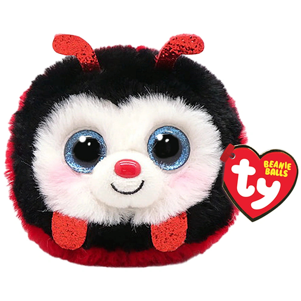TY - Beanie Bellies Puffies Ladybug plush toy, black body, white face, red and black antennae, 6 cm with heart tag.