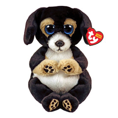 TY - Beanie Bellies Ranger black dog plush toy, 20 cm, soft, cartoon-style with black body, white chest, blue eyes.
