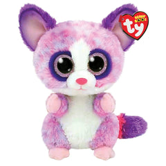 TY - Beanie Boos Becca pink bush baby plush toy with sparkly eyes, pink and purple fur, and a heart-shaped tag.