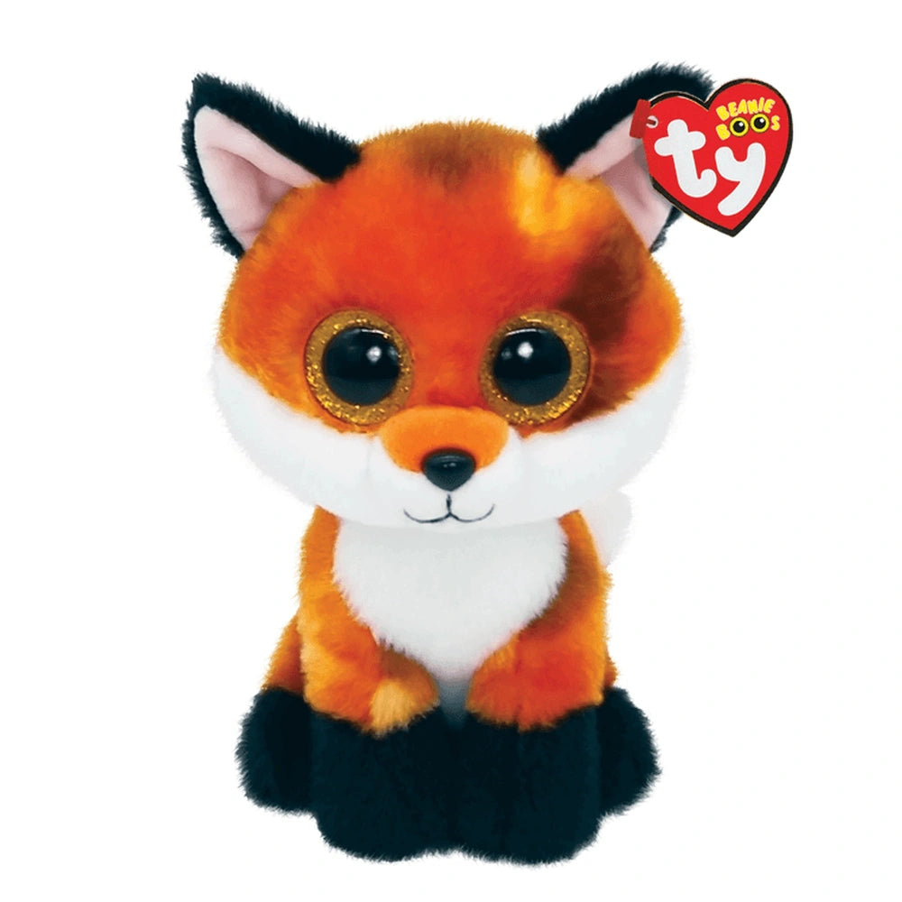 TY Beanie Boos Meadow orange fox plush toy with white markings, black paws, and big eyes, sitting on a plain white background