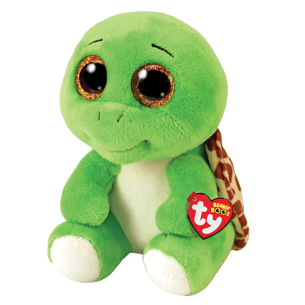 TY Beanie Boos Turbo green turtle plush toy with a smiling face, patterned shell, and red heart tag on a white background.