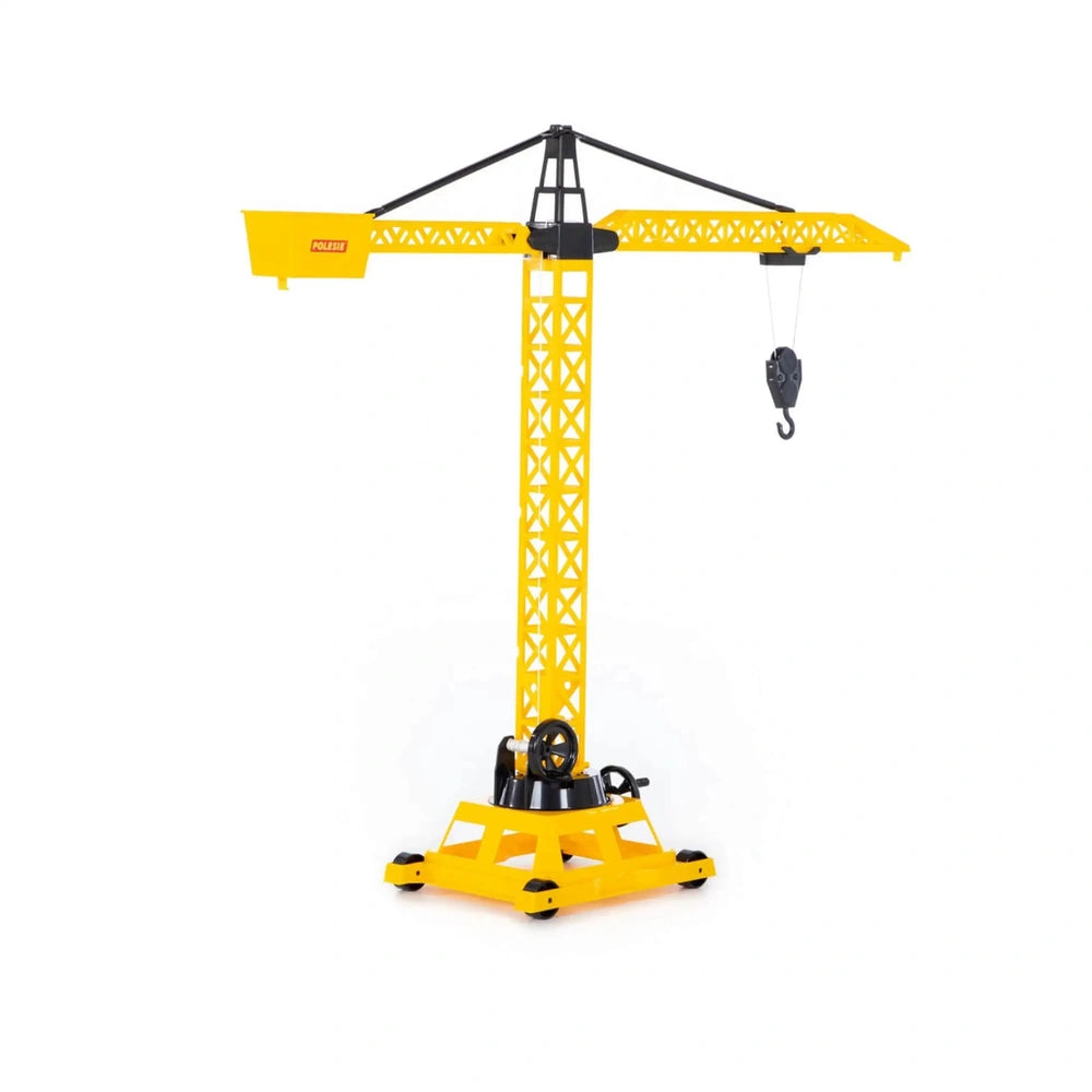 WADER Tower Crane Wheeled Bag features a vibrant yellow plastic crane with multiple black pulleys and a hook, ideal for plays