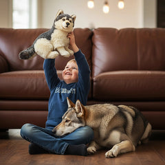 Wolf plush toy held by a smiling child in a blue sweatshirt, sitting on the floor between brown leather couches.