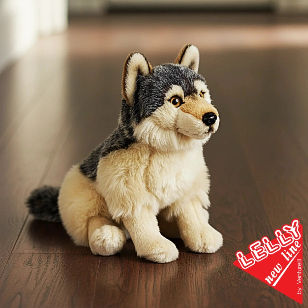 Wolf plush toy with realistic fur texture, sitting on a polished wooden floor in a softly lit indoor setting.