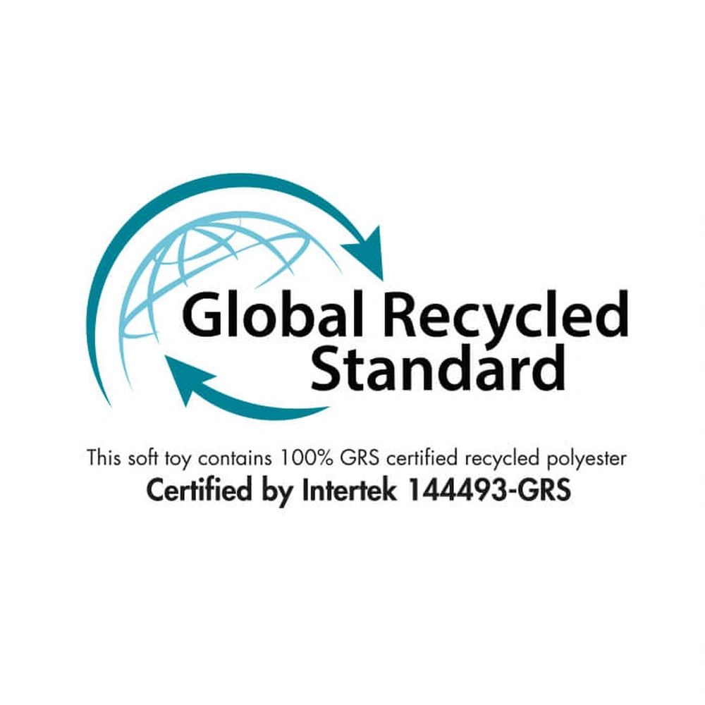 Wolf 25 cm plush toy made from 100% GRS certified recycled polyester, featuring a logo for global recycling standards.